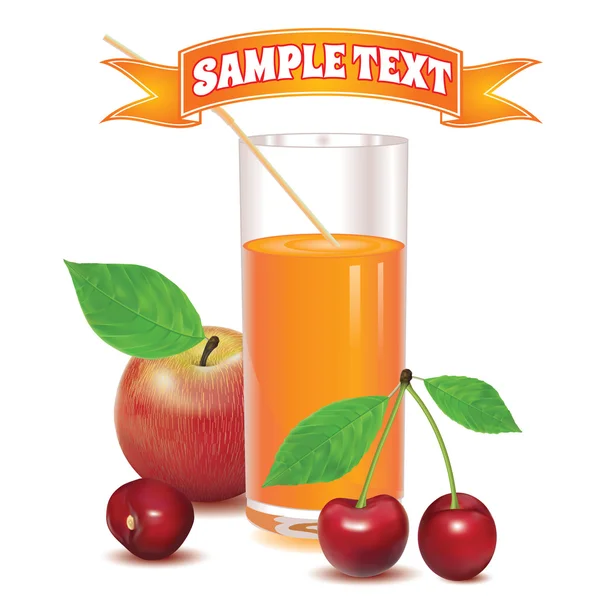 Vaso de jugo de bayas rojas maduras cerezas y manzana roja con hojas — Vector de stock