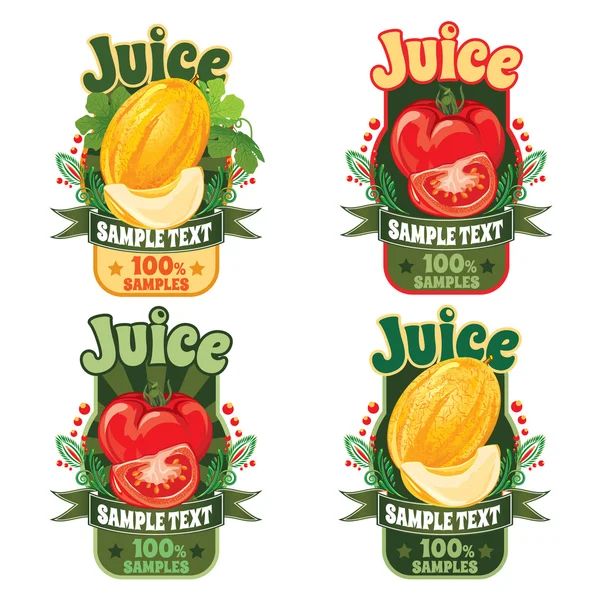 meyve olgun sarı kavun ve taze kırmızı domates suyu etiketleri