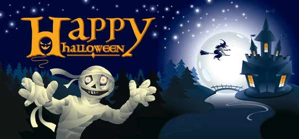 Cadılar Bayramı tebrik kartı mumya gece manzara ile