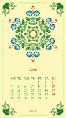 Takvim 2016. Ay Nisan için şablon.