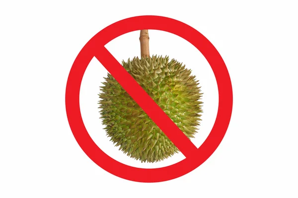 No permitir que el símbolo Durian aislado sobre fondo blanco. Circle Prohibido letrero rojo en la foto de Durian. Alimentos malolientes no permitidos — Foto de Stock