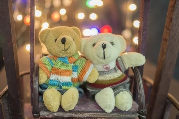 Sevimli iki bebek ayı. Sevimli Küçükayıcıklar çifti ile bokeh arka planda hafif ahşap salıncak üzerinde oturuyorsun. Küçükayıcıklar kış Süiti giymek. Küçükayıcıklar sarıl. Aşk, Valentine, ruh eşi, kader kavramı.