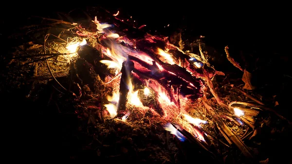Fuego de campamento en la noche en el bosque — Foto de Stock