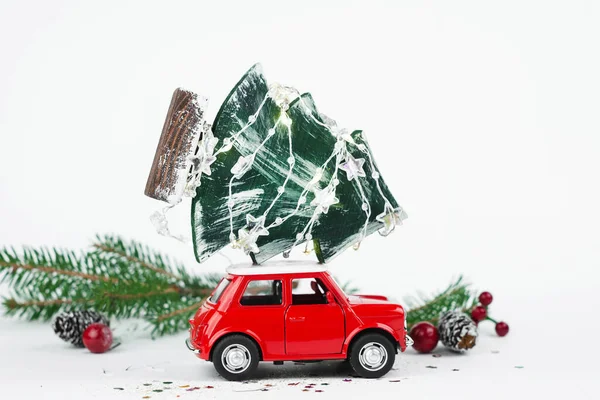 Christmas Tree Toy Car Christmas Holiday Celebration Concept — Stock Photo, Image