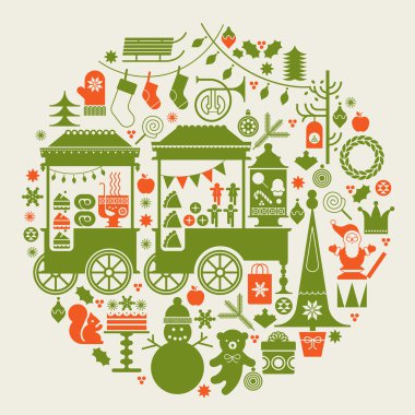 Noel pazarı ile yuvarlak kompozisyon.