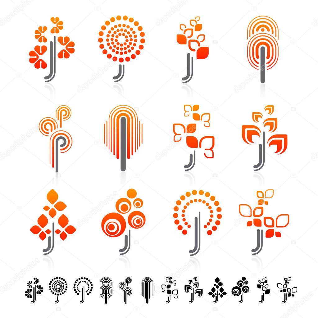 Icon set with tree and symbols