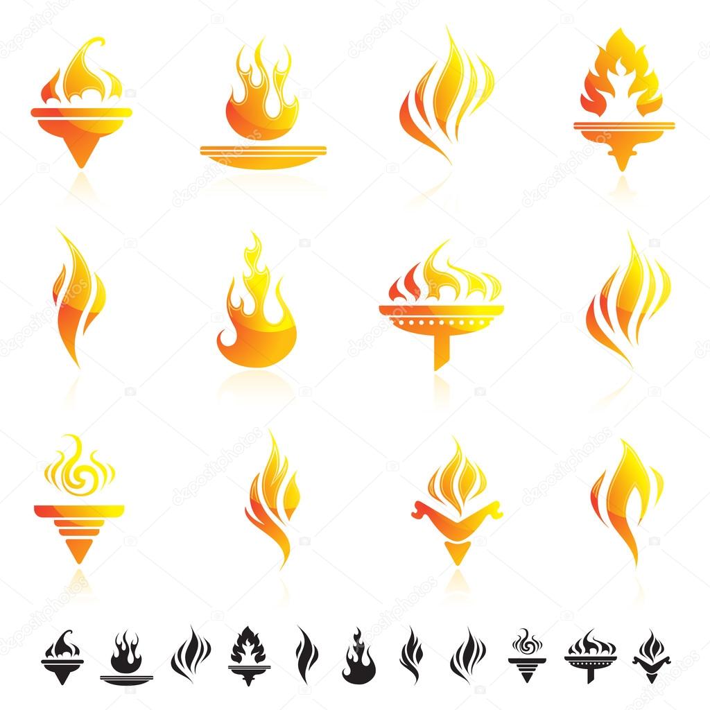 Set of 12 icons with fire flame and torches silhouettes