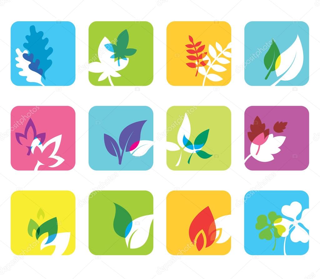 Set of 12 botanical icons, leafs, brunches and floral  silhouettes