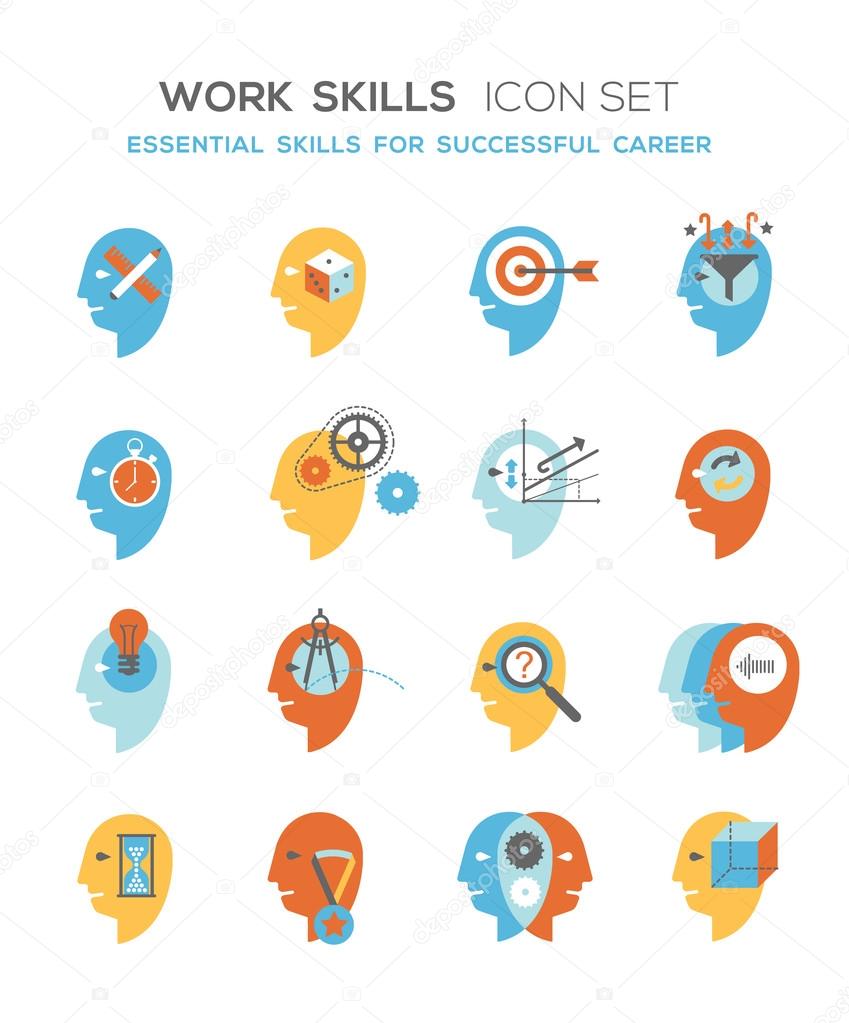 Line icons set representing abstract symbols of personal skills essential for successful education and career. Personal characteristics, experience and success vector pictogram collection.