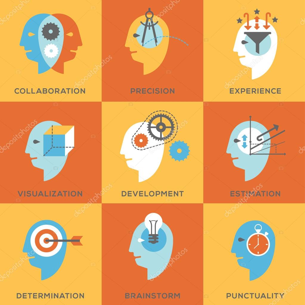 Icon set representing abstract symbols of personal skills essential for successful education and career. Personal characteristics, experience and success vector pictogram collection.