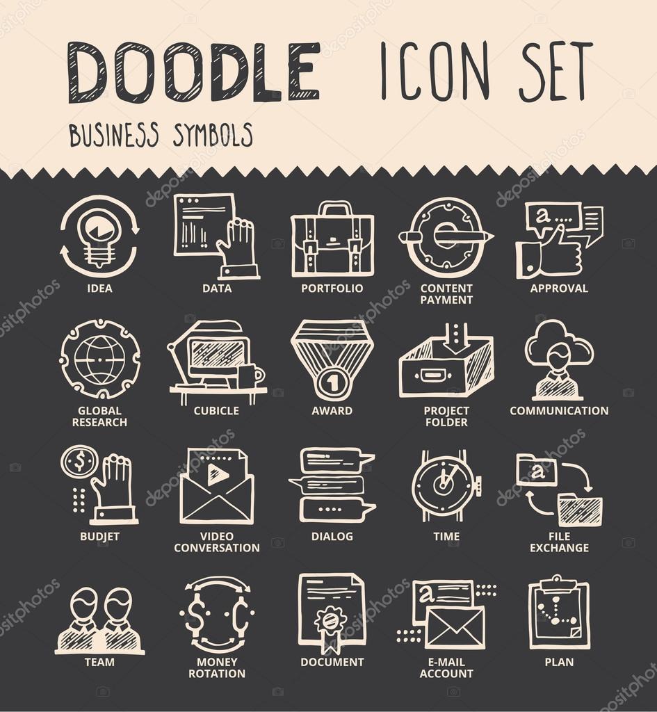 Handmade ink pen line icons set of modern company development, solution for business. Creative outline symbol collection. Simple doodle linear pictogram collection. Vector logo illustrations.