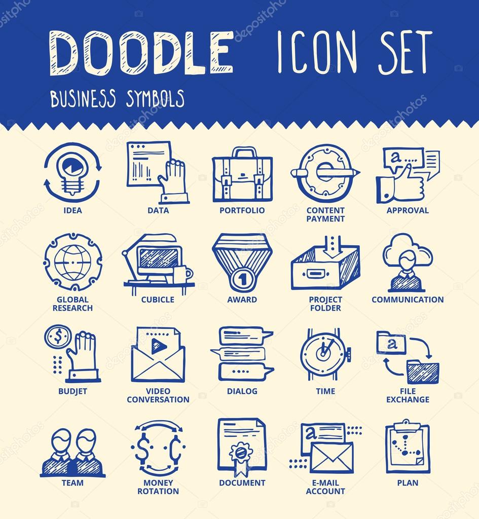 Handmade ink pen line icons set of modern company development, solution for business. Creative outline symbol collection. Simple doodle linear pictogram collection. Vector logo illustrations.