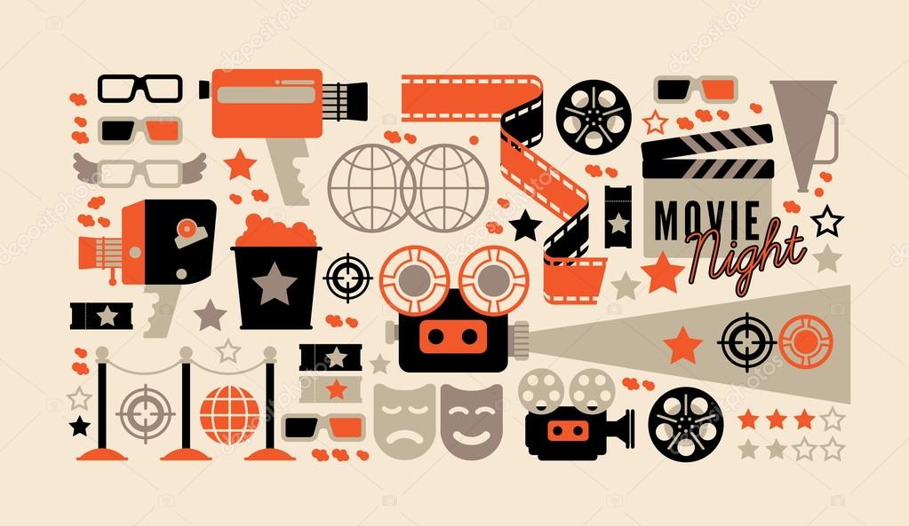 Horizontal composition with cinema decorative design elements. Cinema theatre illustration for web, flyers, print design.