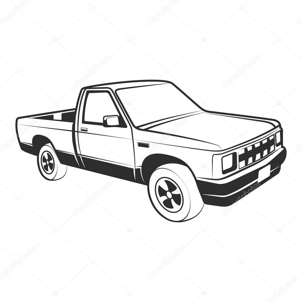 Truck illustration monochrome of classic retro style. Isolated on white.