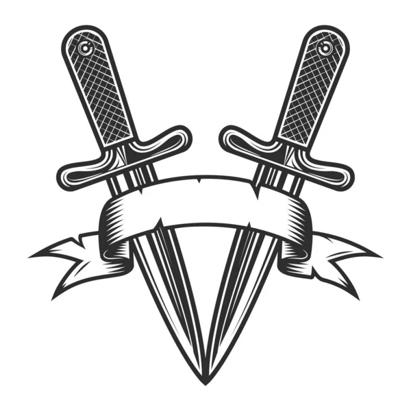 Vintage Korsade Knivar Med Band Monokrom Stil Isolerad Vektor Illustration — Stock vektor