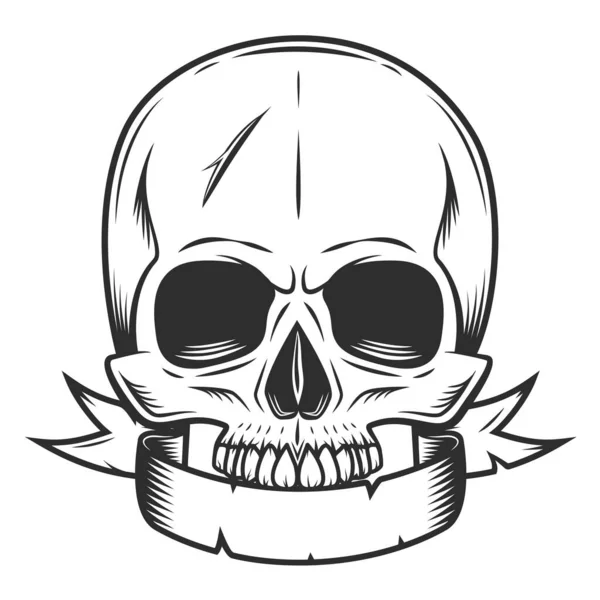 Calavera Sin Mandíbula Con Cinta Vintage Estilo Monocromo Ilustración — Vector de stock