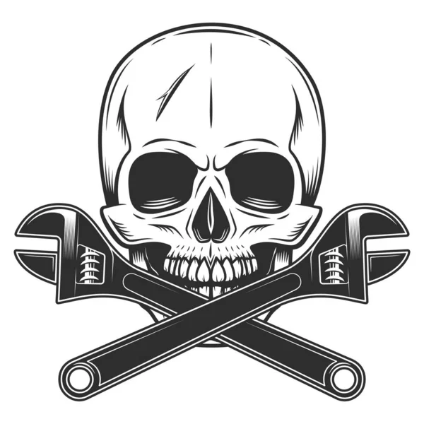 Skull Wrench Tools Monochrome Illustration Style Vector Icon Construction Spanner — Stock Vector