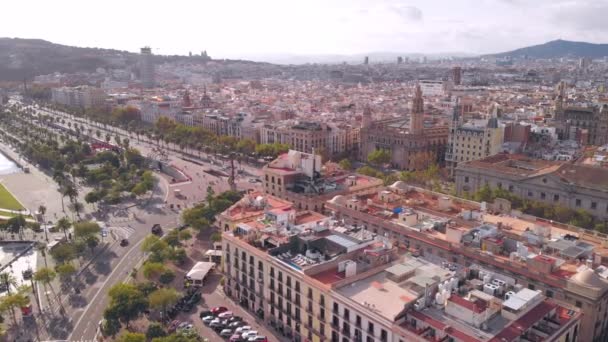 SPAIN, BARCELONA - NOVEMBER 18, 2019: Fly above Passeig de Colom Stock Video