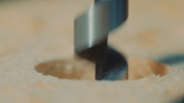 Um trabalhador faz um buraco em uma placa de madeira — Vídeo de Stock
