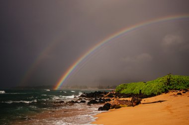 Sahil plaj Hawaii, kum ve su parlak güneş ve bir gökkuşağı altında