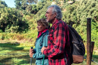 Üst düzey bir çift aktif bir açık hava yaşam tarzını seviyor, yürüyüş direkleri ve sırt çantalarıyla yürüyüş yapıyor, manzaraya bakıyor, doğada sağlık ve refahı kucaklıyor.