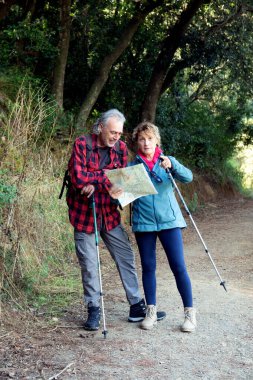 Üst düzey bir çift ormanda kirli bir yolda dikiliyor, haritaya danışıyorlar ve dışarıda sağlıklı ve aktif bir yaşam sürerken yürüyüş direklerini kullanıyorlar.