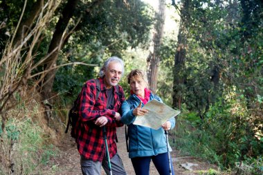 Üst düzey bir çift, güneşli bir orman patikasında yürüyüş yaparken, gülümseyip birlikte rotalarını planlarken haritaya danışıyorlar, aktif emekliliğin, doğanın ve açık hava macerasının tadını çıkarıyorlar.