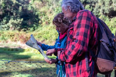 Aktif kıdemli çift, doğada yürüyüş yaparken kağıt harita yönlendiriyor, seyahatlerini planlıyor ve birlikte yeni hedefler keşfediyorlar.