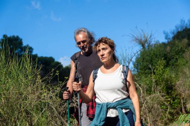 Kıdemli çift, birlikte yürürken aktif bir yaşam tarzının keyfini çıkarıyor. Sırt çantaları ve yürüyüş direkleriyle berrak mavi gökyüzü altında yemyeşil doğal çevrelerde geziniyorlar.