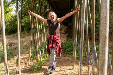 Kollarını açmış gülümseyen kıdemli adam, doğal bir ortamda dikey ahşap direklerin arasında dururken keyif ve özgürlüğü tecrübe ediyor, aktif yaşlanma ve açık havanın tadını çıkarıyor.