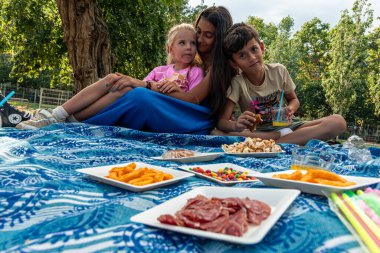 Anne ve çocuklar parkta piknik yapıyor, cips, patlamış mısır, şeker, soğuk et ve meyve suyu gibi atıştırmalıkların tadını çıkarıyorlar.
