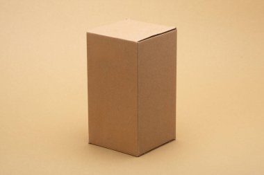 Kahverengi karton ambalaj kutusu açık bej arka planda dikey duruyor, nakliye, teslimat, taşınma ve depolama kavramlarının basit ve temiz bir temsilini sunuyor