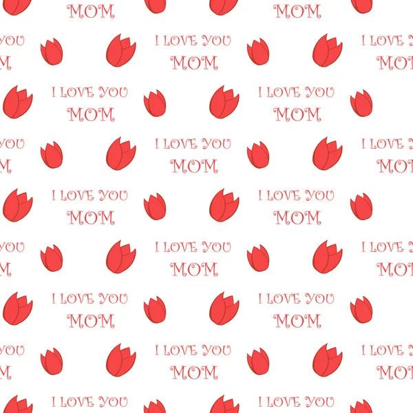 Simple Tulip Icon and I love you Mom text Holiday seamless pattern — Stock Vector