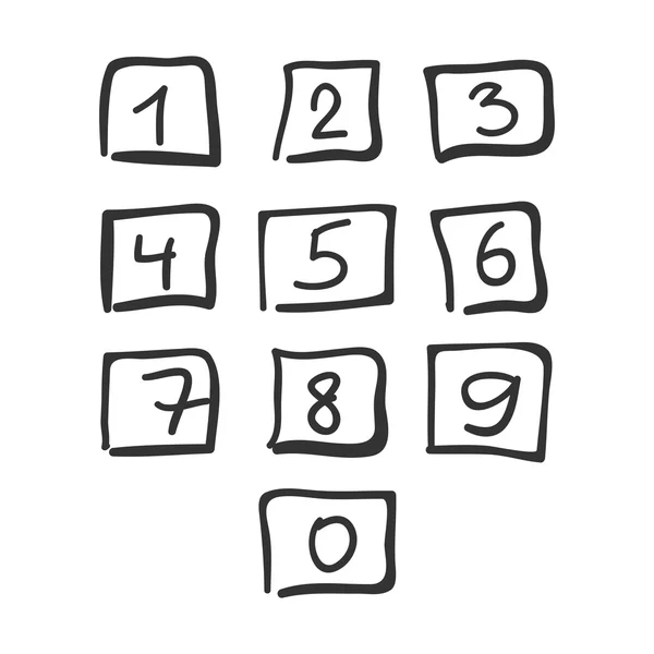 Kritzeln quadratische Schriftart handgezeichnete Zahlen schwarz isoliert — Stockvektor