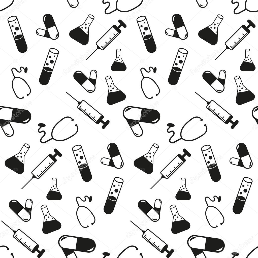 Medical seamless pattern with a syringe, stethoscope, test tube, bulb, pill. Vector.