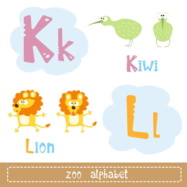 Lettres colorées de l'alphabet à côté d'images de personnages abstraits animaux drôles isolés sur fond blanc — Image vectorielle