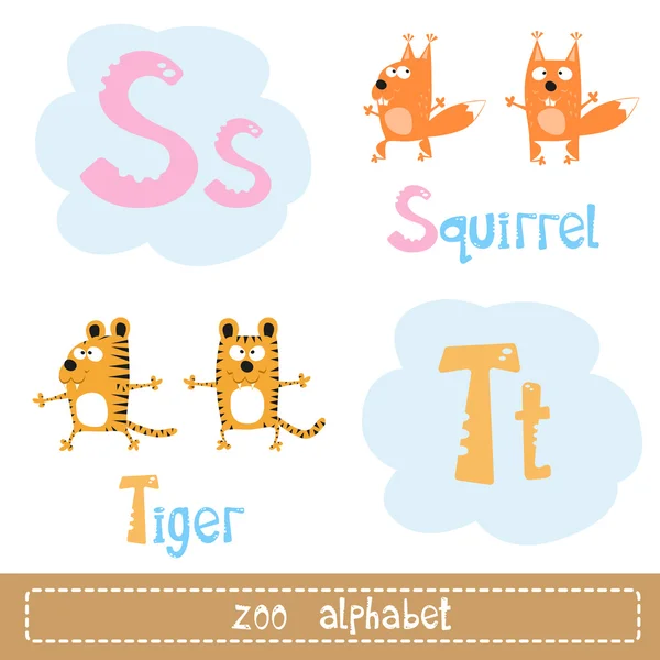 Lettres colorées de l'alphabet à côté d'images de personnages abstraits animaux drôles isolés sur fond blanc — Image vectorielle