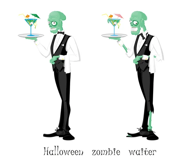 Divertido halloween zombie camarero personaje diferente: elegante y andrajoso. Dibujo en estilo de dibujos animados aislado sobre fondo blanco. Ilustración vectorial — Archivo Imágenes Vectoriales