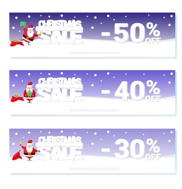 Kavram afiş Noel Satılık tasarım fiyat etiketi veya poster Noel Baba ve kar üzerinde büyük harflerle metinden ile. Vektör çizim
