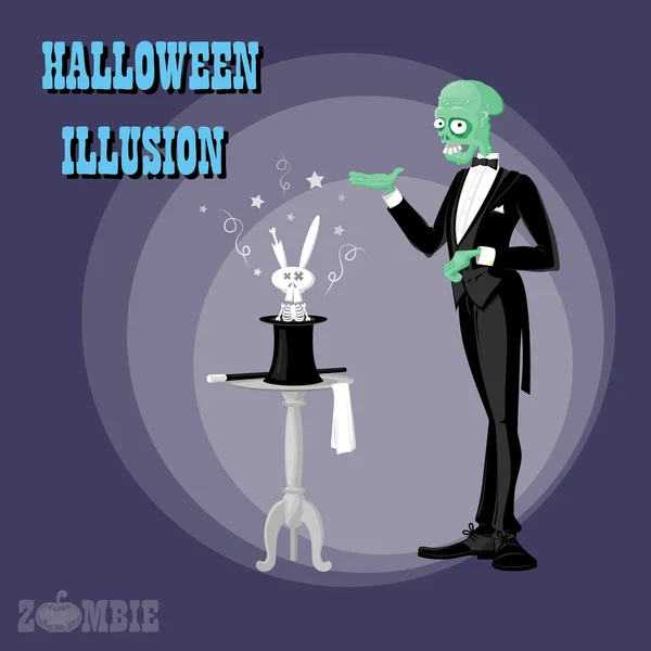 Cartel de diseño conceptual para fiesta de Halloween con lindo dibujo elegante ilusionista zombi en divertido estilo retro de dibujos animados. Ilustración vectorial — Archivo Imágenes Vectoriales