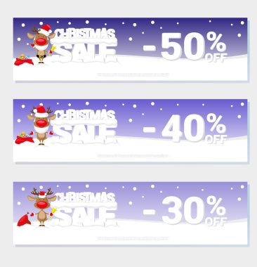 Komik Noel Baba'nın geyik ve kar üzerinde büyük harflerle metinden poster Noel satış. Tasarım fiyat etiket veya web siteleri için banner. Karikatür tarzı. Vektör çizim