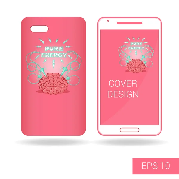 Concept design cover smartphone móvel com cérebro humano engraçado e relâmpago elétrico em estilo cartoon isolado no fundo branco. Ilustração vetorial — Vetor de Stock