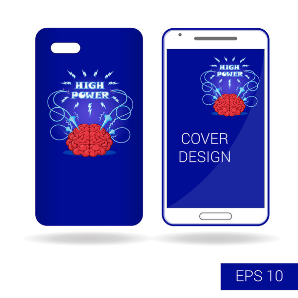 Концепция дизайна покрывает мобильный смартфон смешным человеческим мозгом и электрической молнией в мультяшном стиле, изолированном на белом фоне. Векторная иллюстрация
