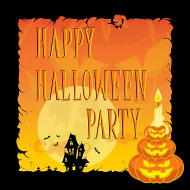 Komik Halloween pumpkins, moon, yarasalar, mum, korku evi ve retro karikatür tarzı turuncu degrade arka plan üzerinde metinde. Başlık sayfası, poster veya bilet partisi için konsept tasarımı. Vektör çizim