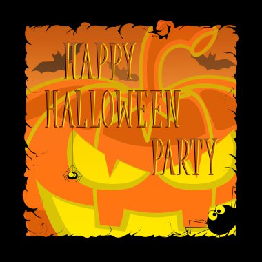 Komik Halloween pumpkins, yarasalar, korkutucu örümcekler ve retro karikatür tarzı üzerinde turuncu degrade arka plan metni. Başlık sayfası, poster veya bilet partisi için konsept tasarımı. Vektör çizim