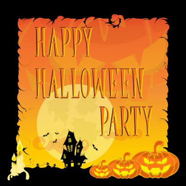 Komik Halloween pumpkins, moon, yarasalar, mum, korku evi ve retro karikatür tarzı turuncu degrade arka plan üzerinde metinde. Başlık sayfası, poster veya bilet partisi için konsept tasarımı. Vektör çizim