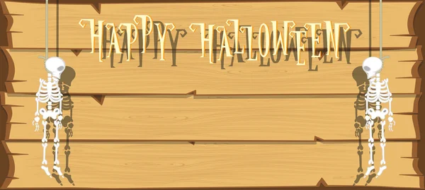 Fondo de vacaciones. Divertido esqueleto colgando de una cuerda y texto Feliz Halloween en el fondo de la pared de madera. Estilo de dibujos animados. Ilustración vectorial — Archivo Imágenes Vectoriales