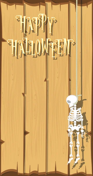 Ferienhintergrund. Lustiges Skelett, das an einem Seil hängt und fröhliches Halloween auf Holzwandhintergrund textet. Cartoon-Stil. Vektorillustration — Stockvektor