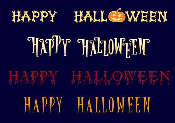 Set di Happy Halloween titolo in diversi font stile cartone animato isolato su sfondo blu scuro. Illustrazione vettoriale — Vettoriale Stock