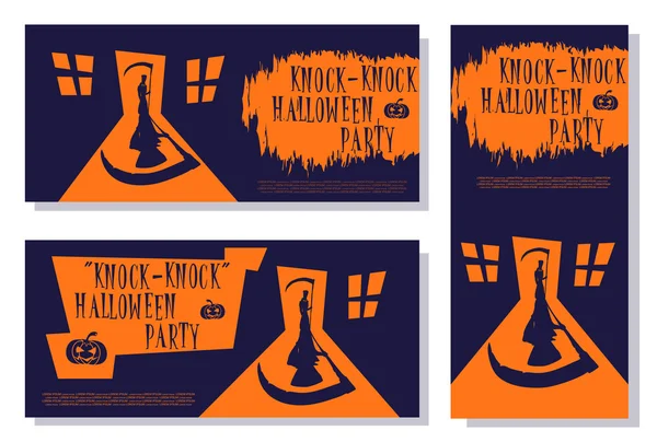 Set de banner de Halloween. Muerte aterradora con guadaña de pie en la casa de la puerta y gran sombra. Estilo de dibujos animados. Diseño para tarjetas, carteles o entradas en fiestas. Ilustración vectorial . — Vector de stock